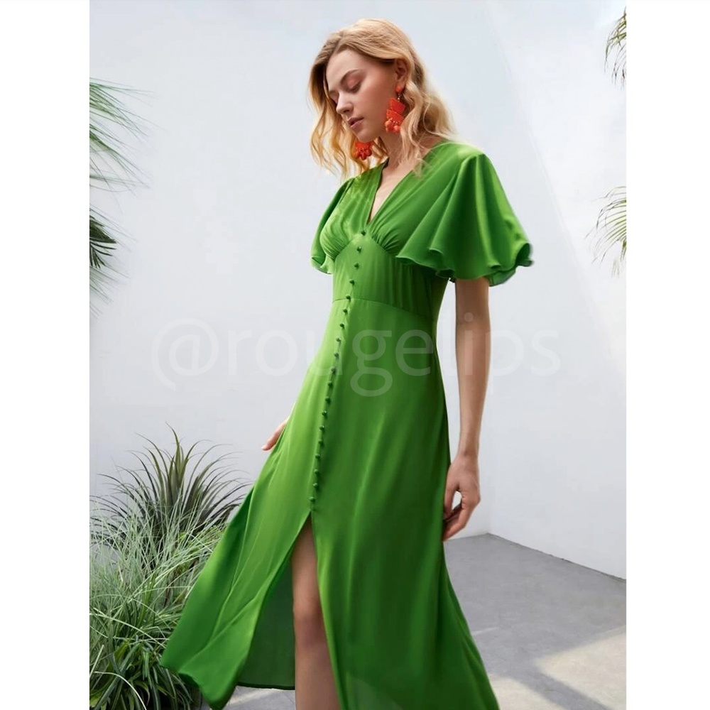 Green V-Neck Midi Dress Fit and Flare Butterfly Sleeve Faux Button Front - Picture 5 of 9